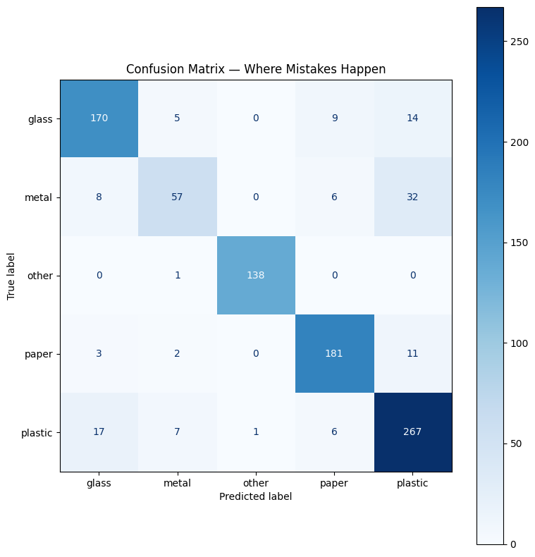 Confusion matrix showing classification performance across five waste categories